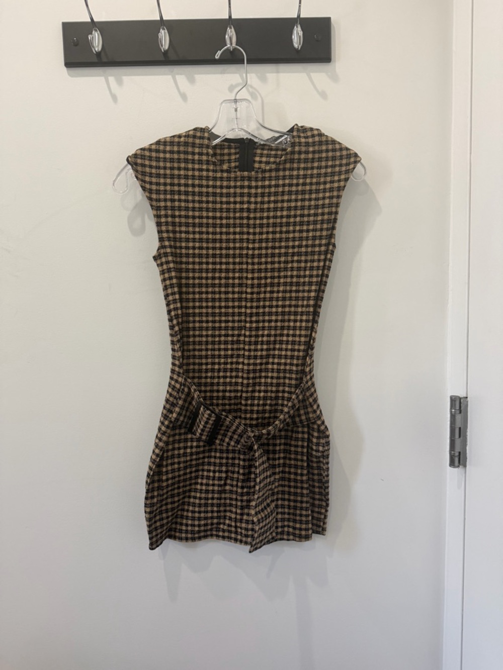 Zara Brown and Black Houndstooth Tie-Waist Mini Dress